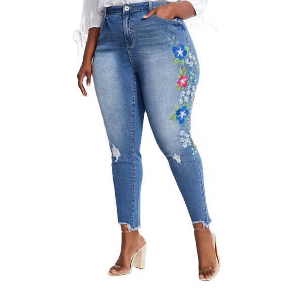 NWOT ASHLEY STEWART Jean 24 Rhinestone Floral Distress Skinny - Picture 1 of 12